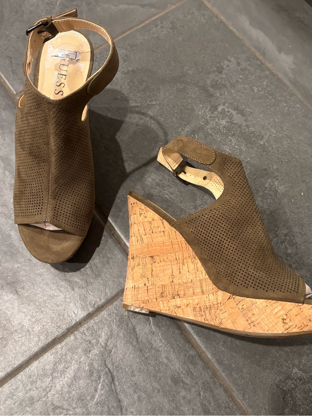 Women’s GUESS olive green wedges cork size 8.5